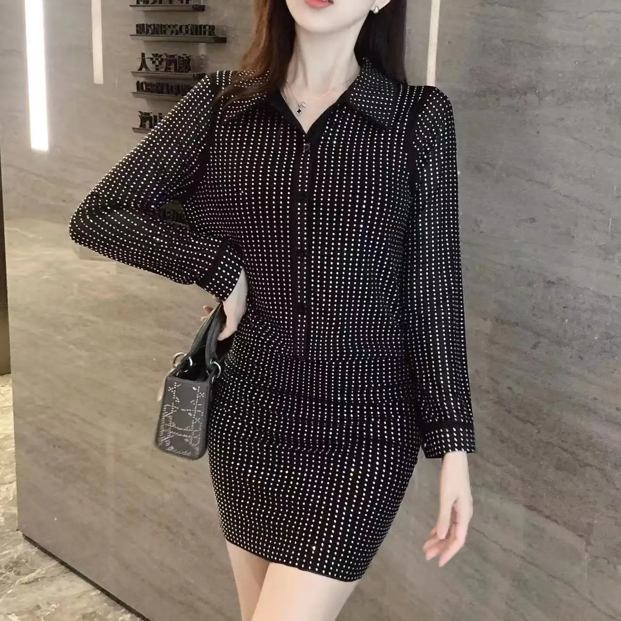 Runway Luxury Fashion Autumn Party Dress New Fashion Women's Lapel Collar Rhinestone Decoration Slim Bodycon Pencil Mini Vestido