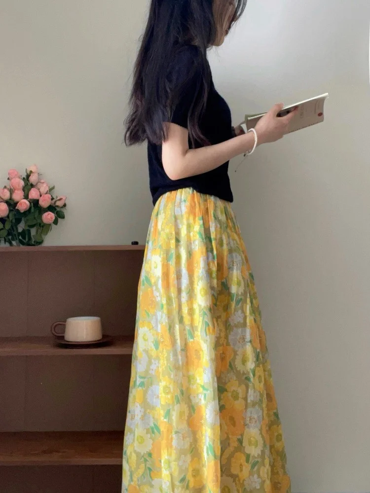 Yellow Watercolor Floral Cotton Linen Half Skirt Women Summer Loose Elastic Waist Slimming Midi Skirt A-Line Gown Draping