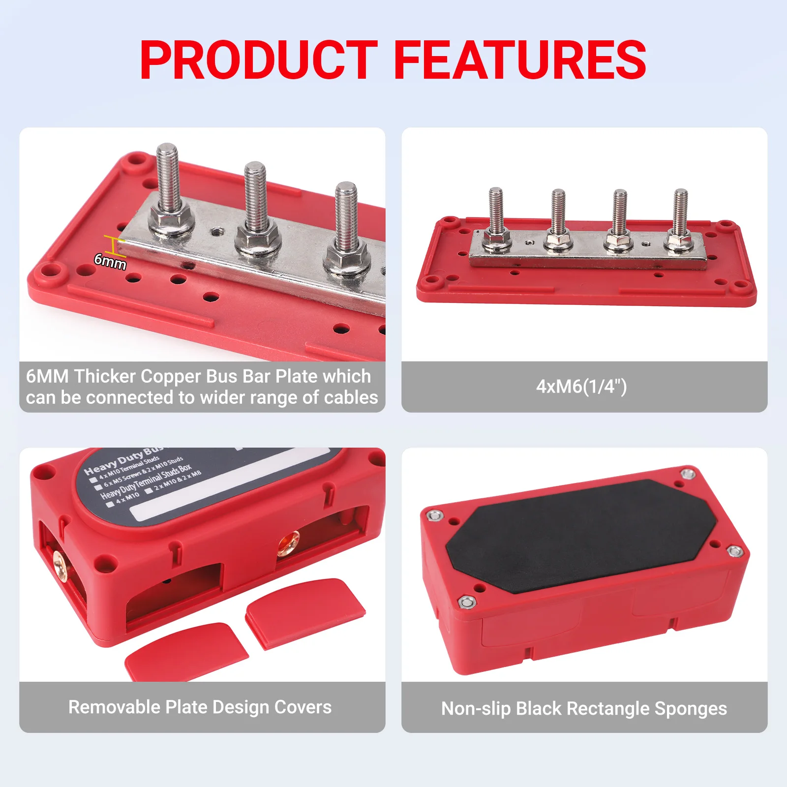Picture 6: Bus Bar Power Distribution Block 12-48V Red Copper Nickel Nylon M6 M8 M10 For Truck Boat Marine Single Row 4 Studs Heavy Duty