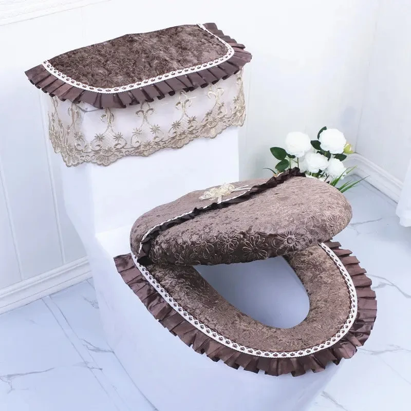 European Style Velvet Toilet Pad Three-piece Set Two-piece Set Dust-proof Toilet Tank Cover Household Toilet Ring Covers