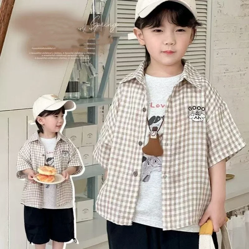 

Children's Summer Short Sleeved Shirt Boys' New Korean Checkered Top Boys' Baby Cartoon Pattern Short Sleeved Shirt