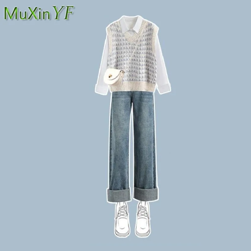 2023 Autumn/Winter New in Matching Set Women\'s Fashion Knitted Vest+Shirt+Jeans 3 Piece Korean Elegant Blouse Denim Pants Suit