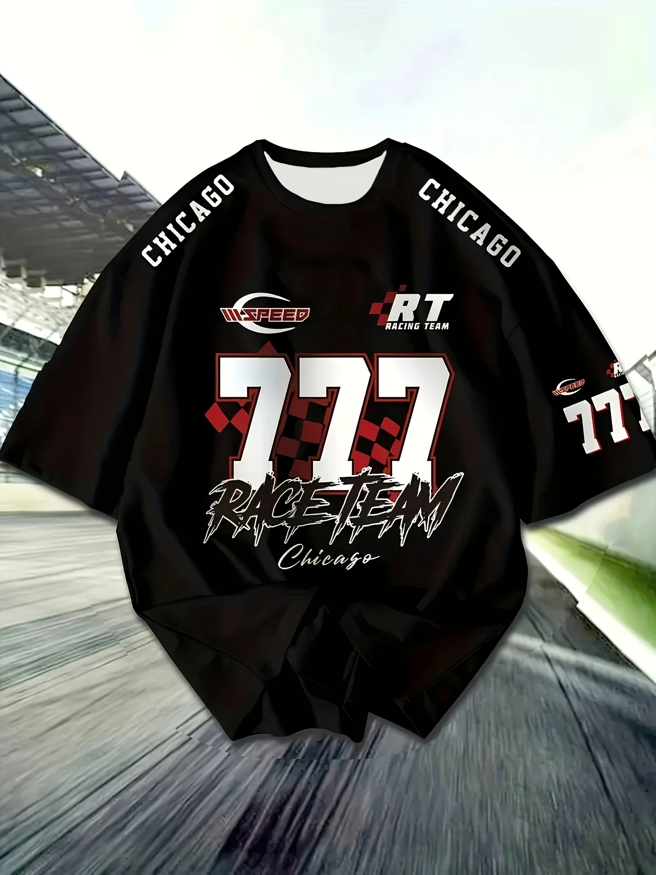 تي شيرت Chicago Track Passion للرجال - "فريق سباق بطول 19.74 متر باللون الأسود مع طاقم بأكمام قصيرة مزين باللونين الأحمر والأبيض #1