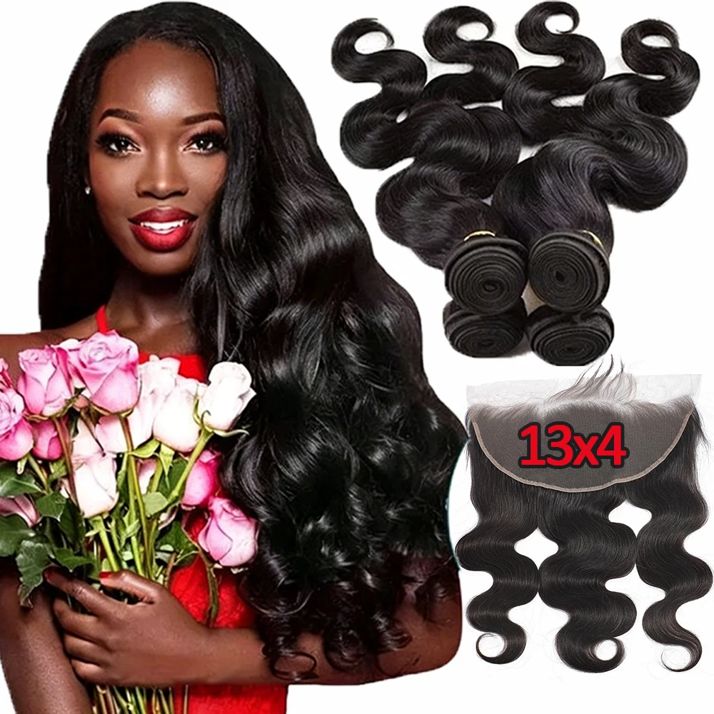 New Styles For Spring And Summer Wedding Festival Wholesale Indian Body Wave Human Hair Bundles With Lace Closure Frontal 20 22 24+18 Inch Real Virgin Remy Hair Weave Natural Color Hair Extensions Cuticle Aligned Remy Hair Weft Weave For Black Women