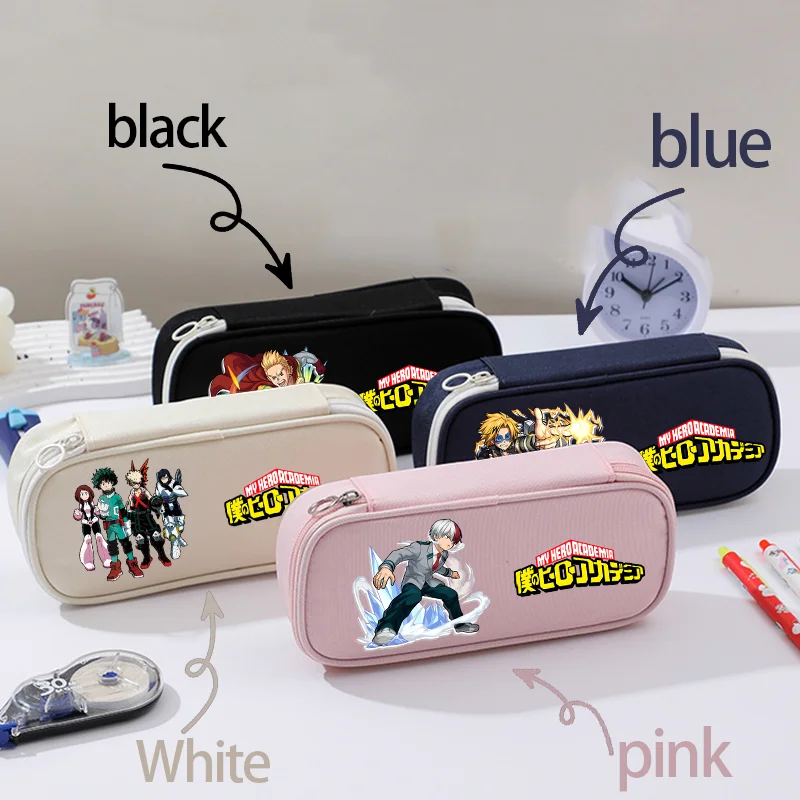 Anime My Hero Academia Mehrschichtige Federtasche für Studenten, Izuku Oxford-Stoff, Federmäppchen, Schreibwarenaufbewahrung, Blau, Schwarz, Weiß, Rosa