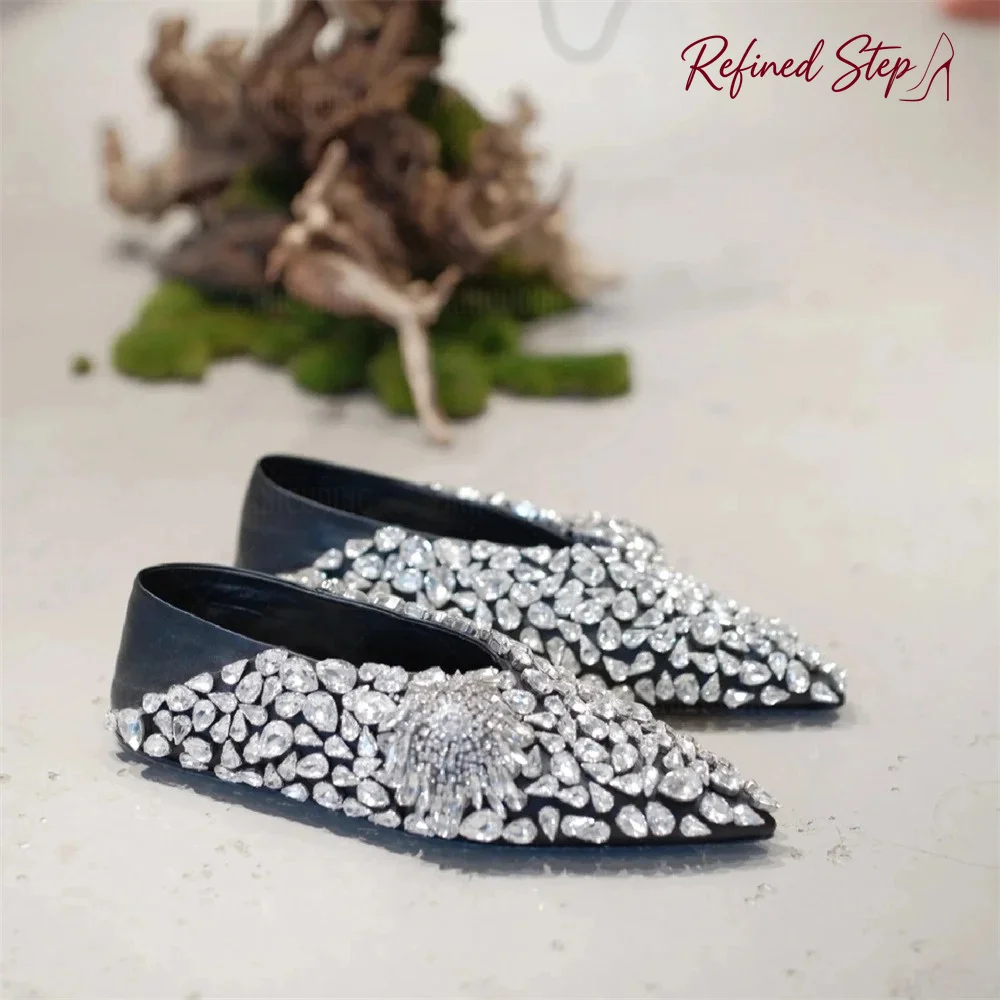 Rhinestone Tassel Flats Black Leather Pointed Toe Shoes Designer Style Luxury Shoes Slip on Soft Leather Shining Flats for Women