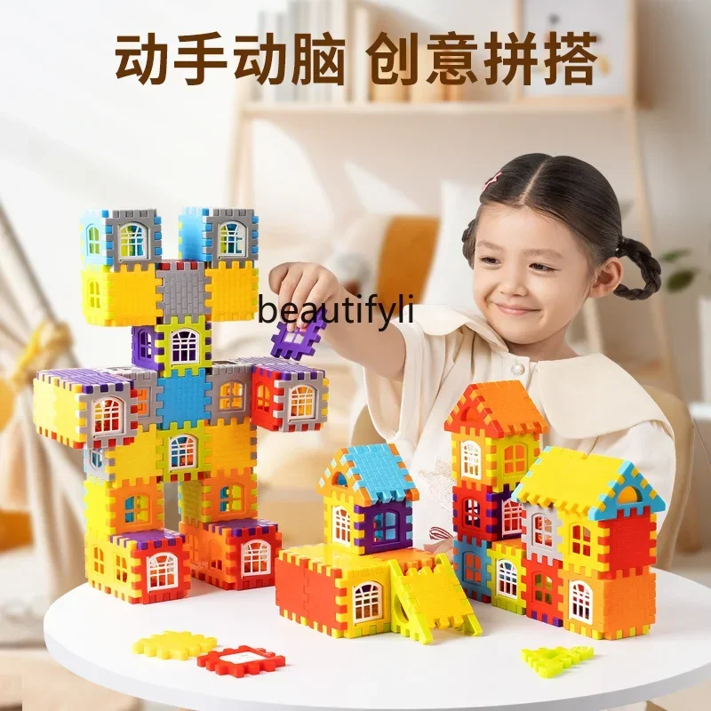 

Children build house building blocks to assemble educational toys, girls and boys big particle blocks birthday gift puzzles