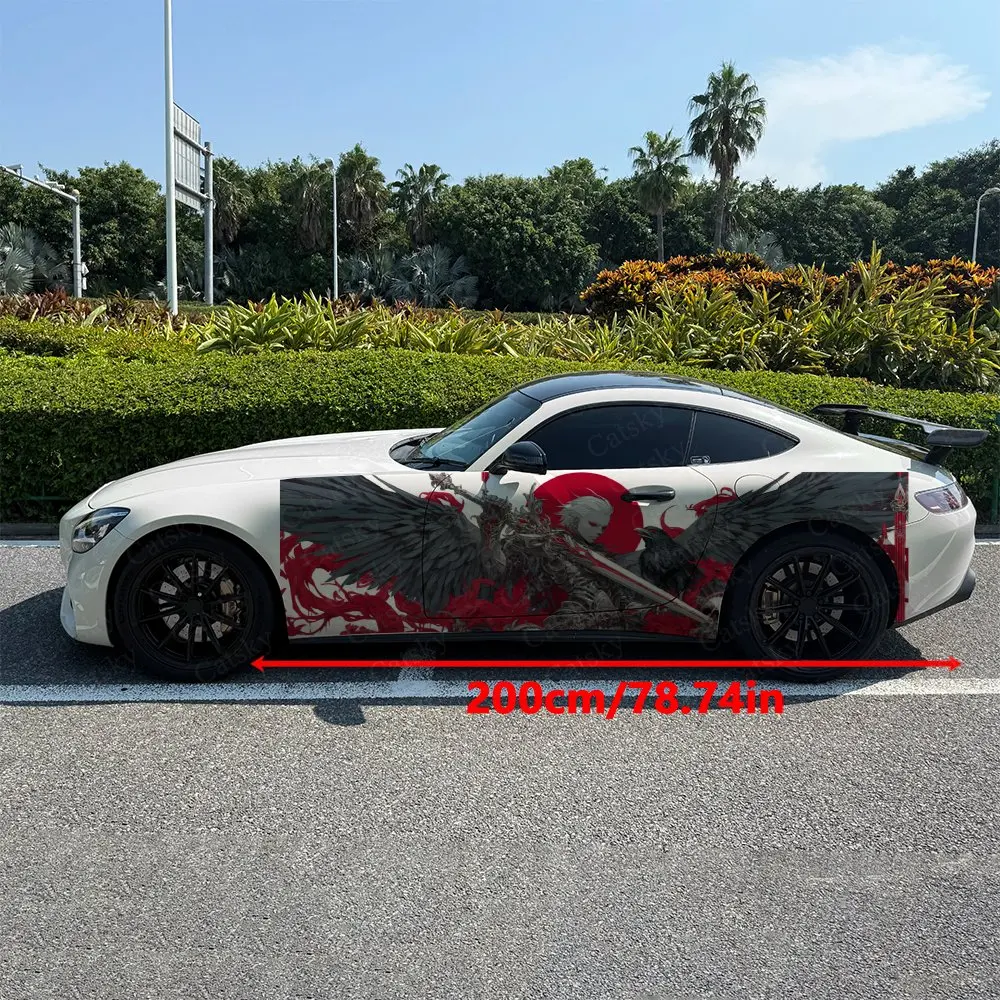 2pcs Sword Holding Skull Warrior Raven Car Side Wraps, Self-Adhesive PVC Waterproof & Scratch-Resistant Stickers, Car Accessory