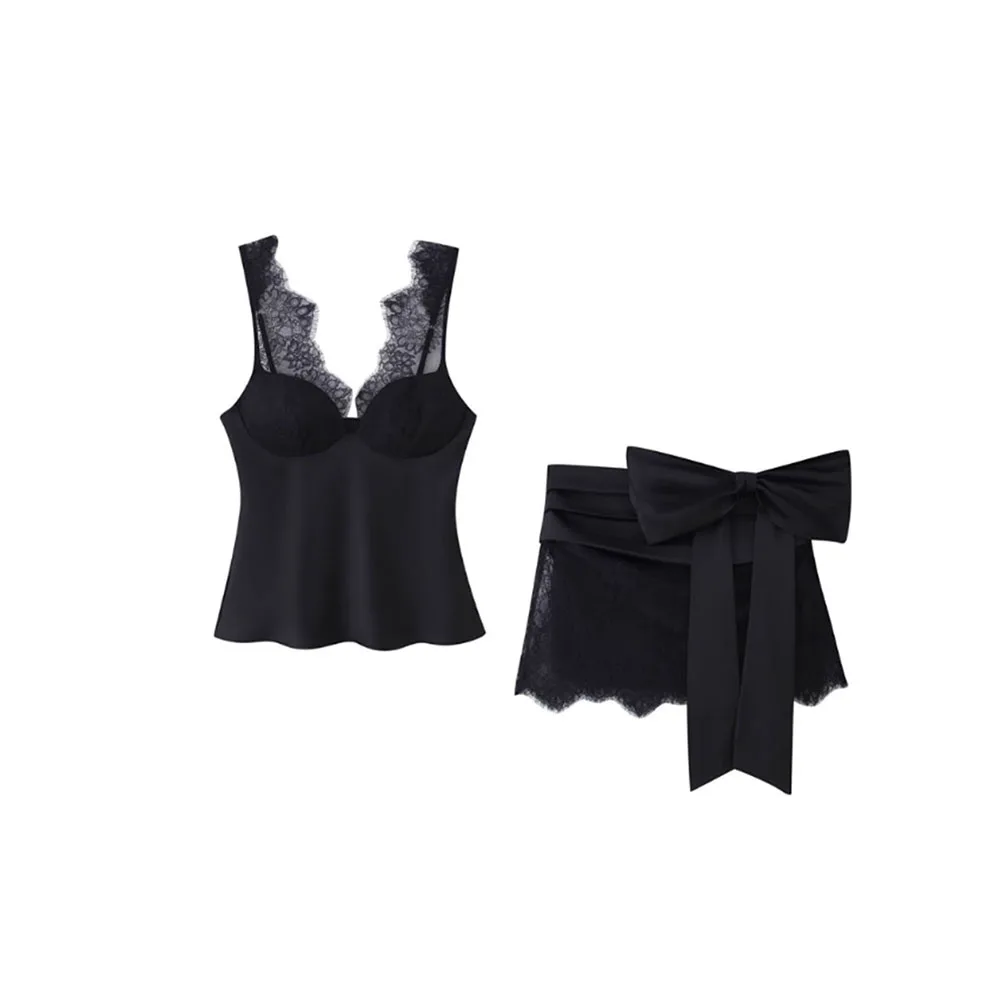 Autumn New Women's Fashion Lace Satin Texture Top and Splicing Lace Bow Mini Skirt