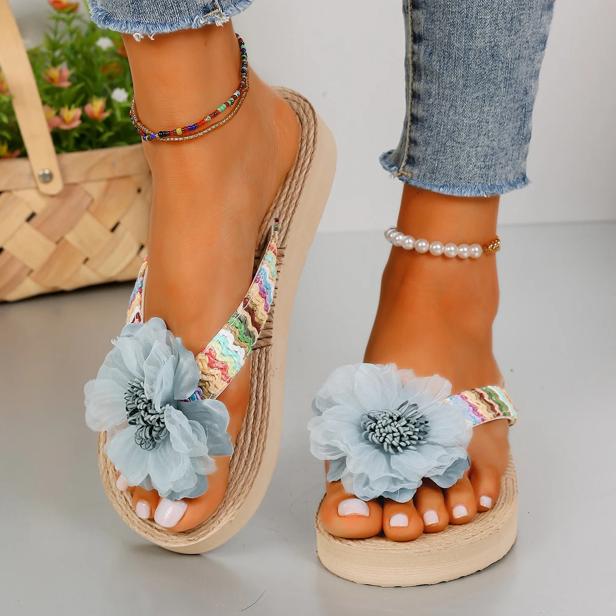 Chanclas de Suela Gruesa para Mujer, Modernas para Uso en Exteriores en Verano, Imitación de Cuerda de Cáñamo y Hierba Sintética