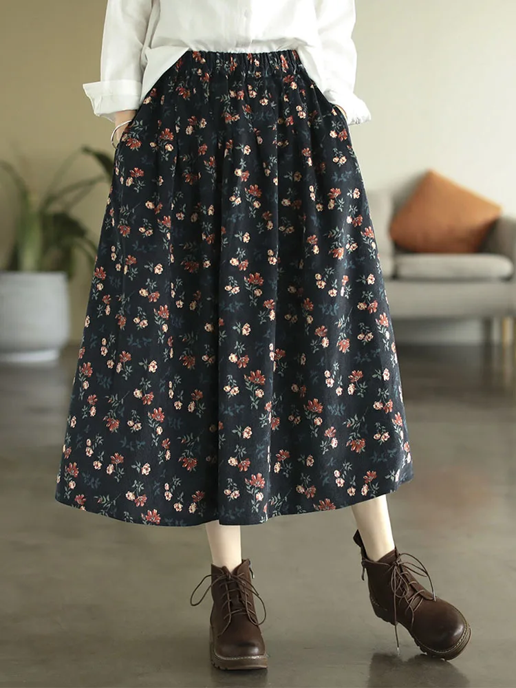 Max LuLu 2022 Winter Womens Fashion Loose Vintage Printed Corduroy Skirts Ladies Luxury Elegant Casual Harajuku Floral Clothes