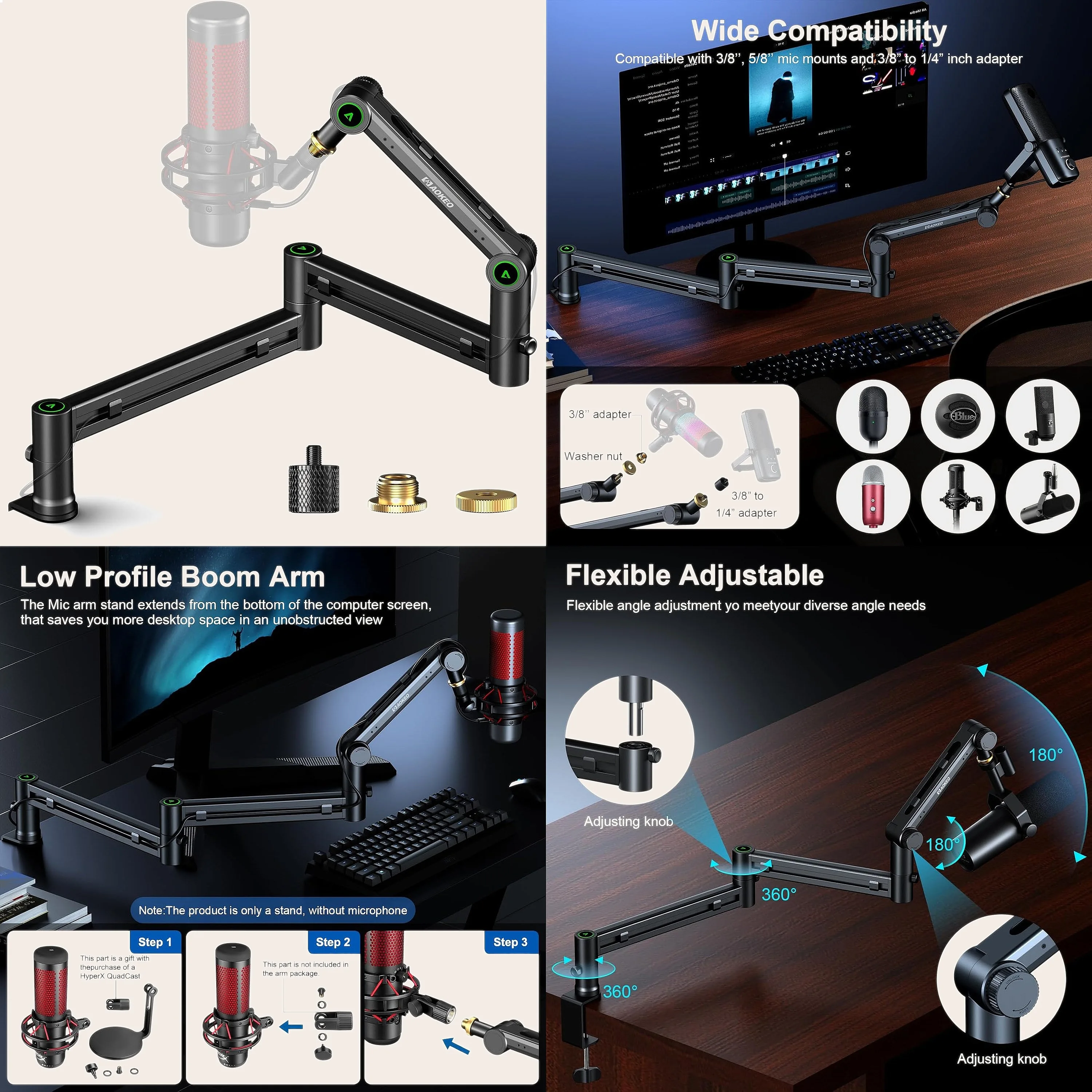 Low Profile Microphone Arm Stand 360° Rotation Compatible USB Mic for Gaming Recording