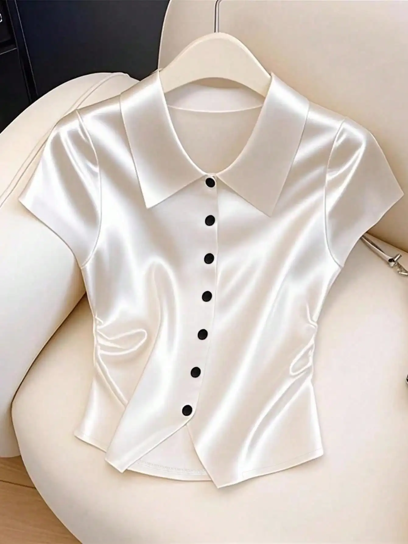 

Women's Satin Button-Up Blouse with Ruched Waist, Short Sleeve, Elegant Solid White Top for Summer