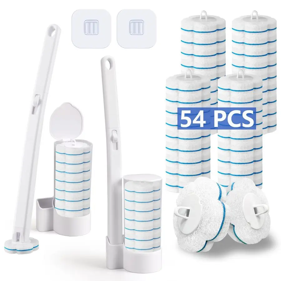 

Toilet Brush 2 Pack Toilet Wand and Holder with 54 Cleaner Refills Disposable Toilet Cleaning System Cleaner Pads for Toilet Bow