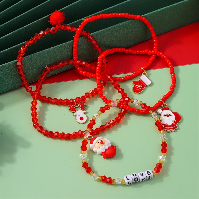 5-teiliges Set Bohemian Handgemachte Perlenarmbänder für Frauen, Weihnachts-Hirsch- und Weihnachtsmann-Anhänger-Armbänder, Festivalschmuckgeschenke für Mädchen – Detail 4