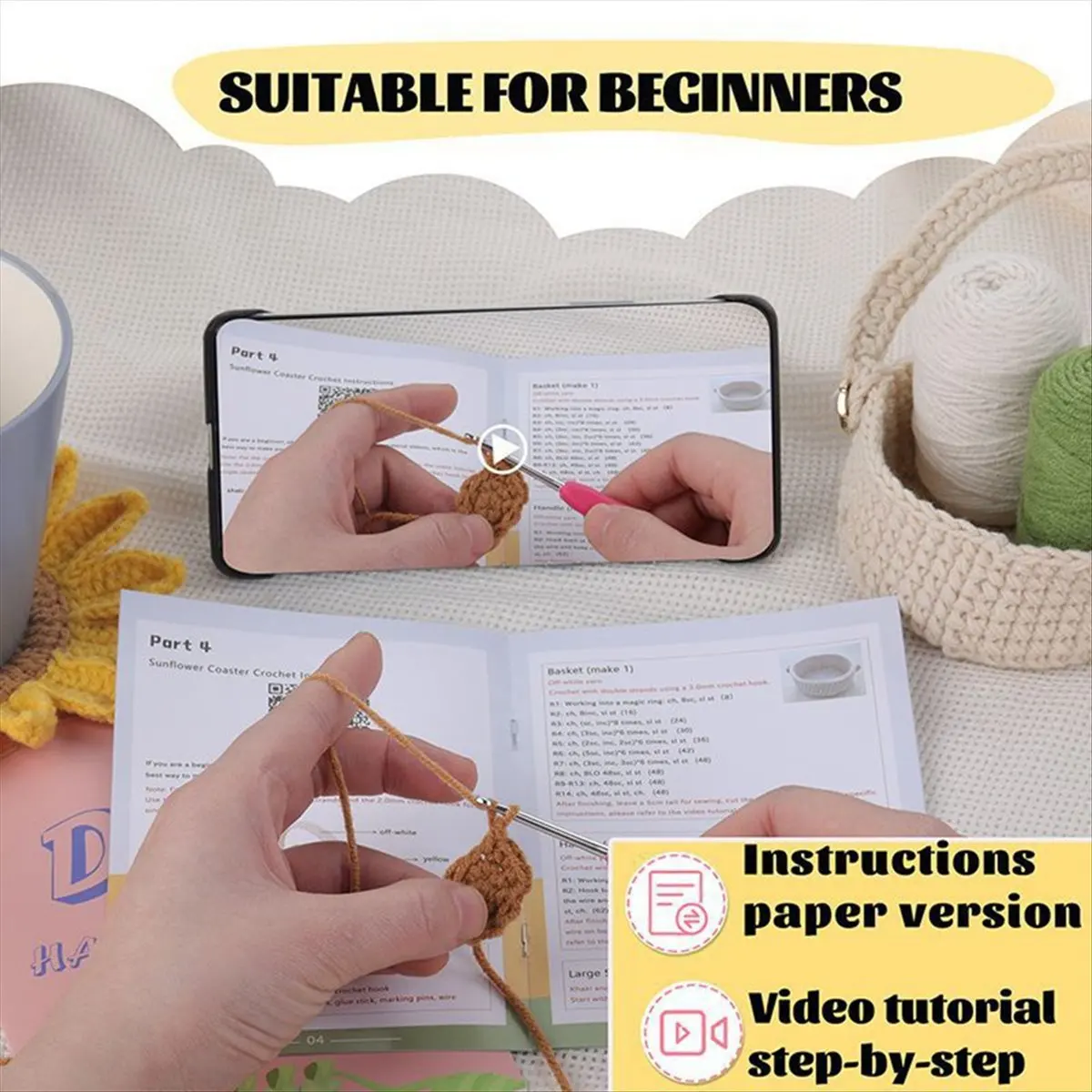 kuaishan Crochet Coaster Kit with Knitting Yarn Thread Needles Hooks Easy Knit Accessories Set DIY Craft Supplies