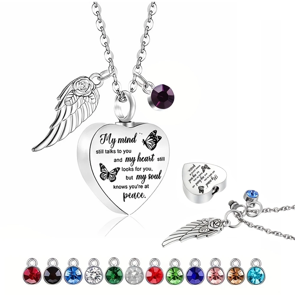 Heart Urn Necklaces for Ashes Angel Wings Cremation Jewelry Keepsake Memorial Pendant for Men Women-with 12 PCS Birthstone