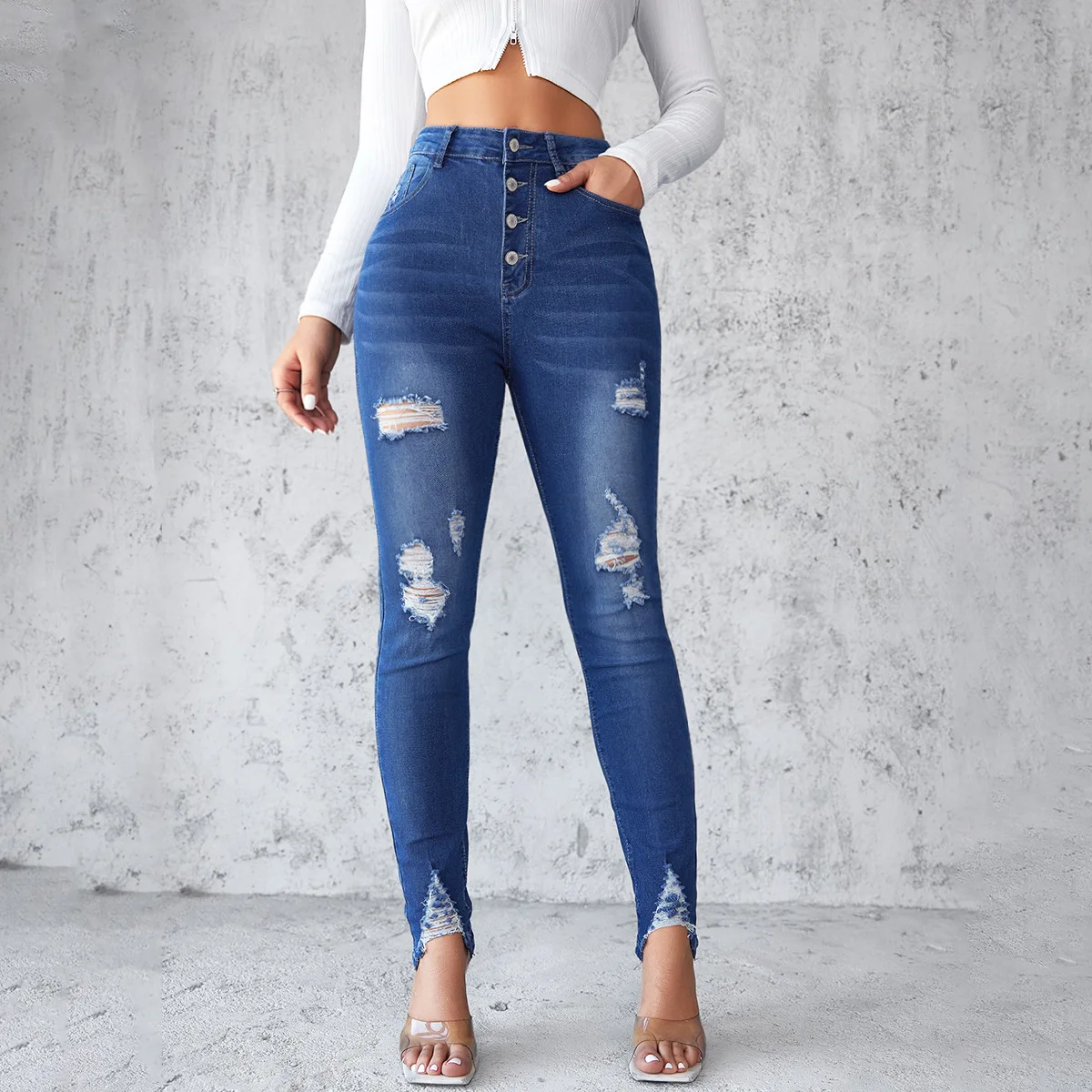 High-waisted Skinny Jeans for Women, Spring 2025, Blue Buckle Design Slim-fit Small-leg Pants, Pencil Pants. Washed Ripped Jeans