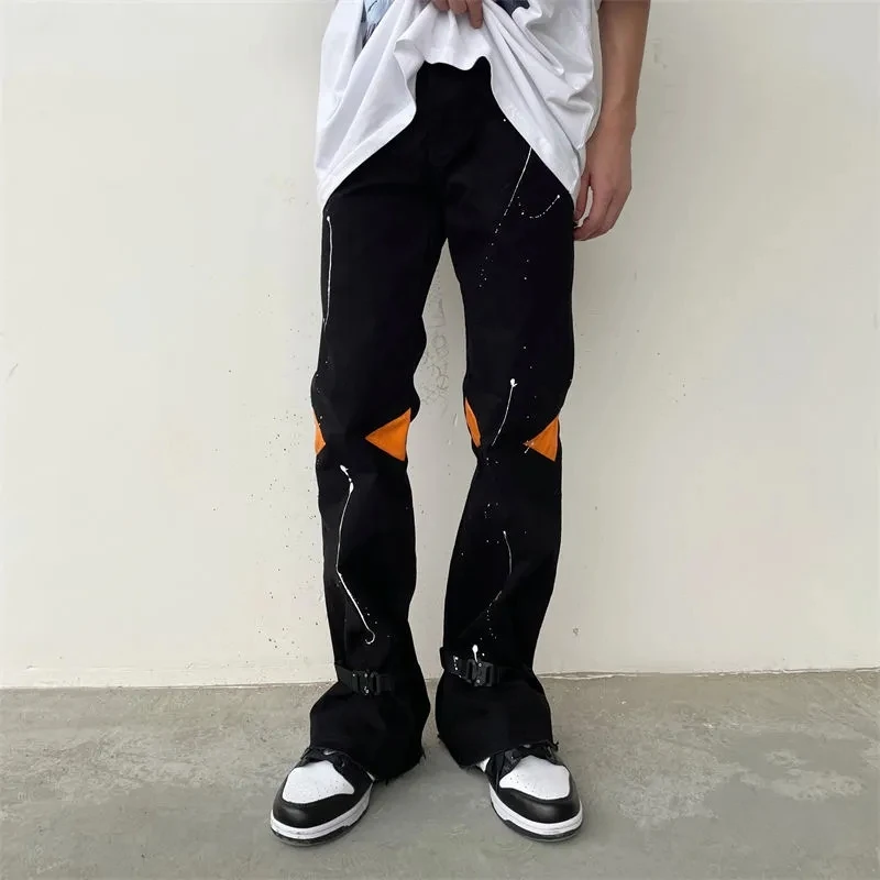 

High Street Black Jeans Men Cargo Pants Women American Hip-Hop Loose Trousers Streetwear Spring Autumn Patchwork Pantalones