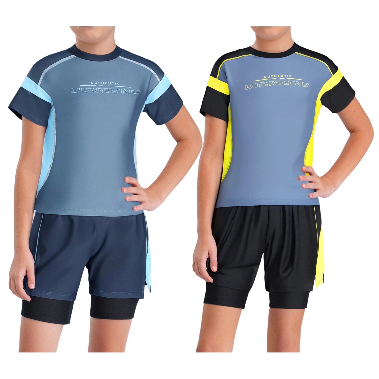 Kids Boys Rash Guard 2PCS Swimsuit Summer Swim Set Sun Protection Swimsuit Short Sleeve Top with Sides Slit Double Layer Shorts