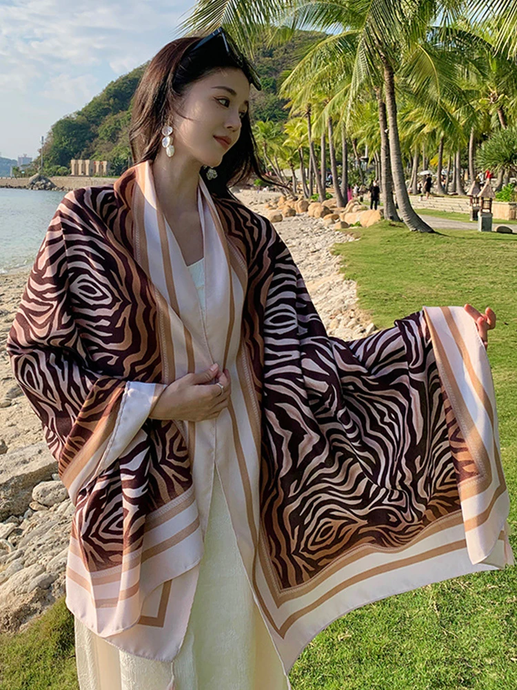 New Summer Women Silk Scarf Beach Wrap Shawl Zebra Stripes Print Sunscreen Bandana Hijab Mujer Bohemian Musulman Scarve Pareo