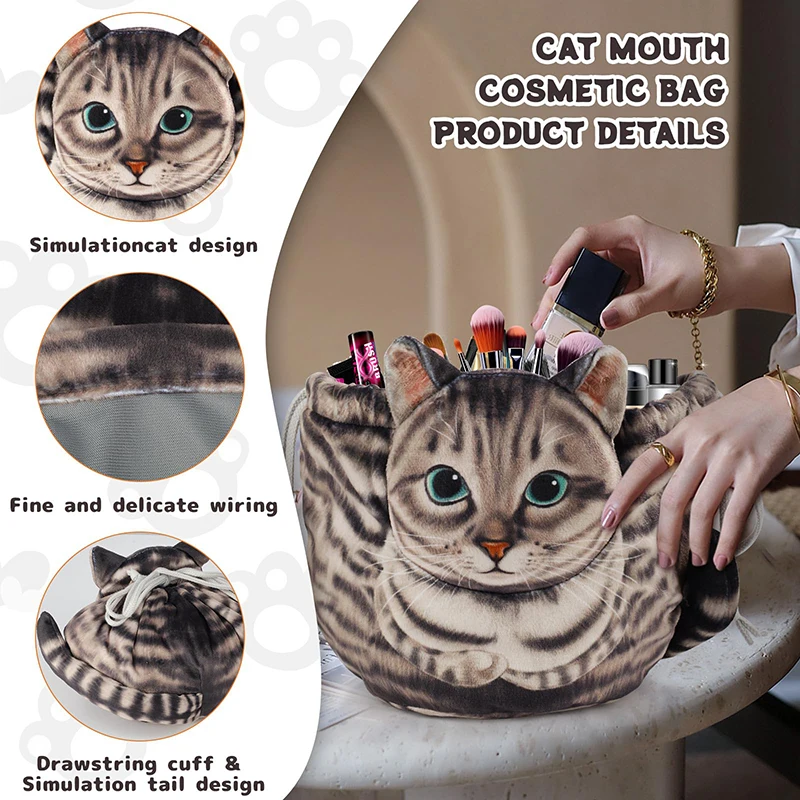 Cute Cat Makeup Bag Drawstring Closure 3D Cat Head Design Flat Cosmetic Pouch Gift for Women Cat Lovers Travel Organizer Bag