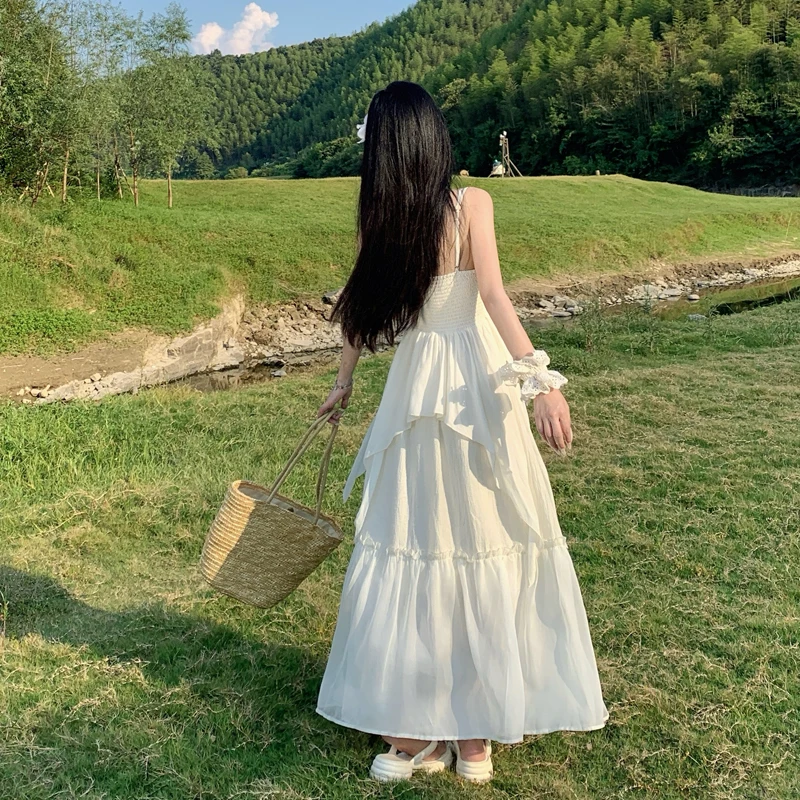 Retro Aosphere Fairy T Vaion Floral Lace  Strapl Dr White Gown with High Waist Cake Skirt Sle V-Ne A-Li...