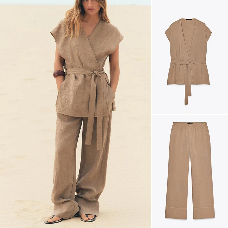 

Свободный жилет V-Ne Svel 5427762, повседневные широкие брюки 542743, модный комплект из двух предметов, женский летний наряд