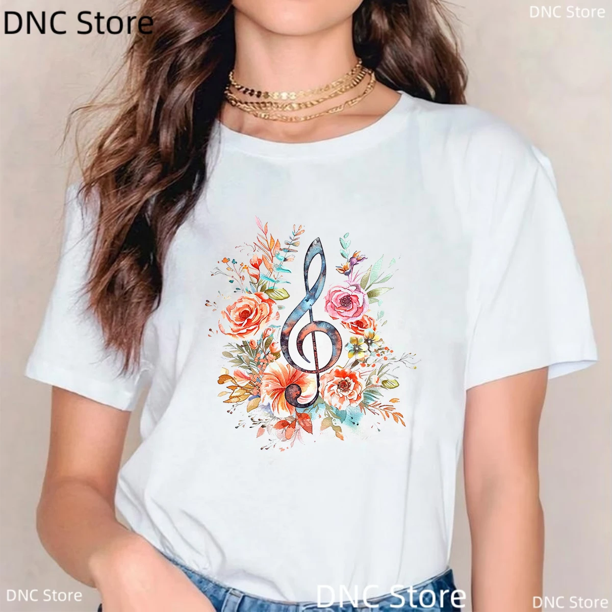 Floral Music Graphic T Shirt Women Musical Note Print Tees Music Lovers T Shirt Women Clothing Harajuku Tee Shirt Y2k Top Female