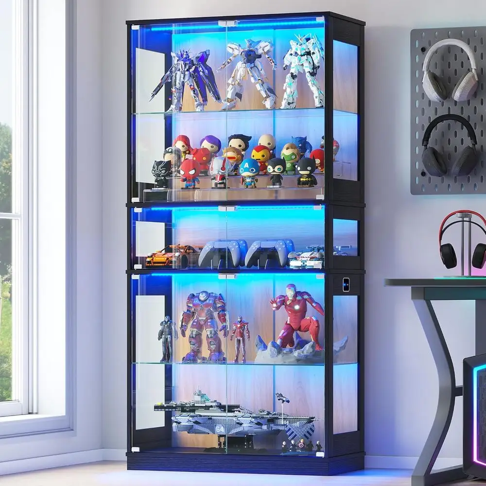 

5-Tier Glass Display Cabinet with LED Lights and Motion Sensor for Figurines and Collectibles, Black and Oak Finish