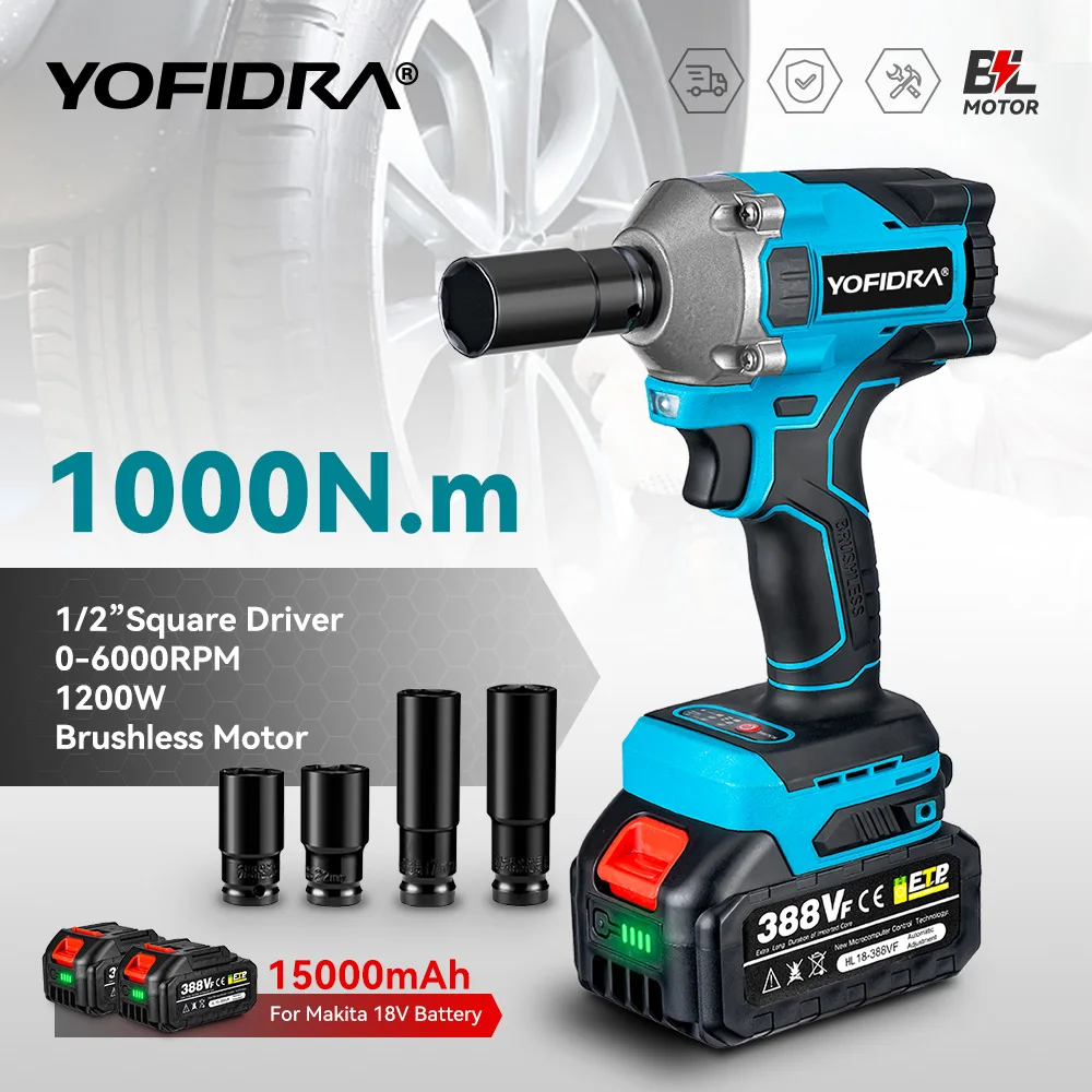 Yofidra 1000N.m Brushless Electric Wrench 1/2 Inch Cordless High Torque Car Driver Impact Power Tools For Makita 18V Battery