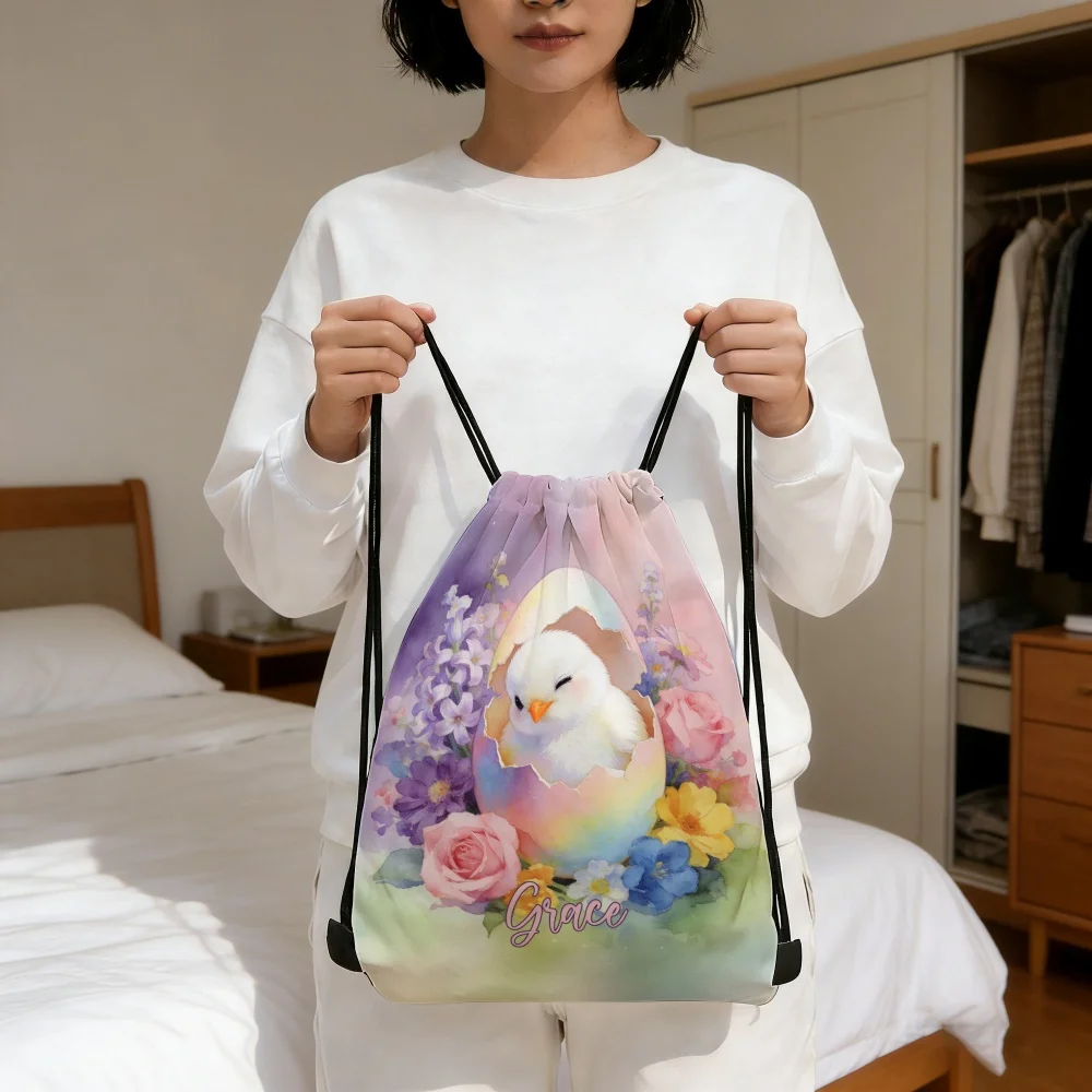 1Pc Customizable Easter Chick Drawstring Bag, Add Your Name for Egg Hunts, Gift Bags & Outdoor Activities, Pastel Floral Design