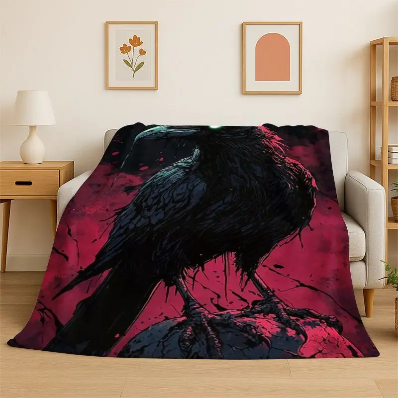 Gothic Raven Skull Crow Cartoon Flannel Blanket Soft Warm Throw Blanket for Bedroom Living Room Bed Travel Camping Picnic Cover