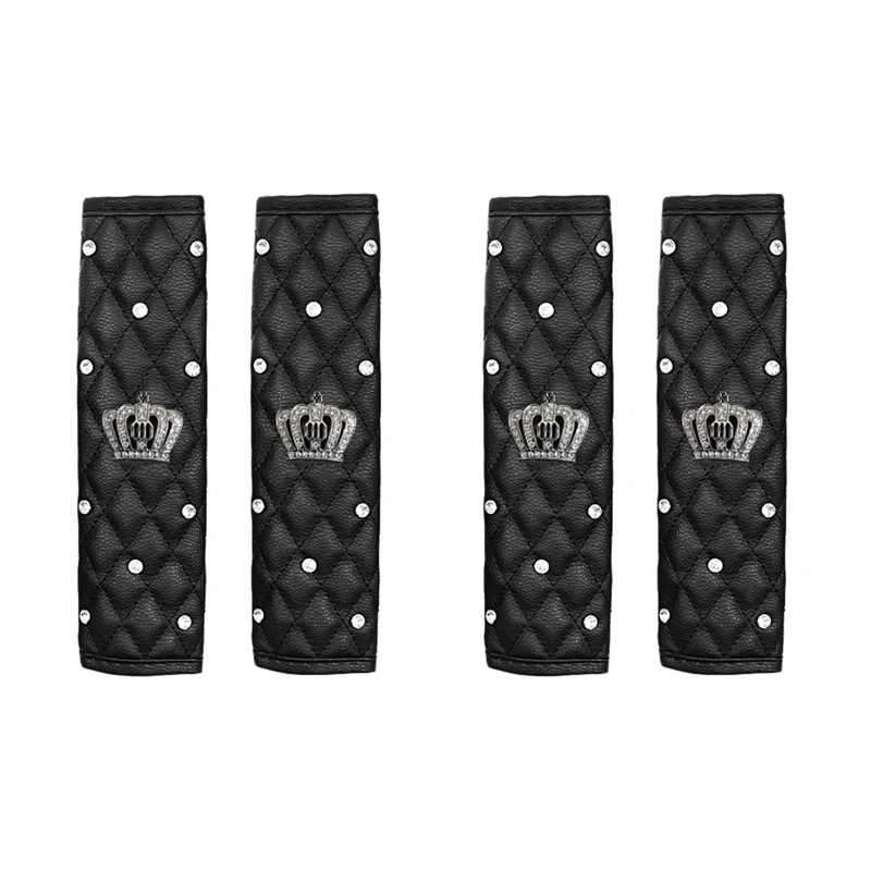 PU Leather Car Seat Belt Cover Shoulder Seat Belt Pad Rhinestones Crown 4 PCS Adults Youth