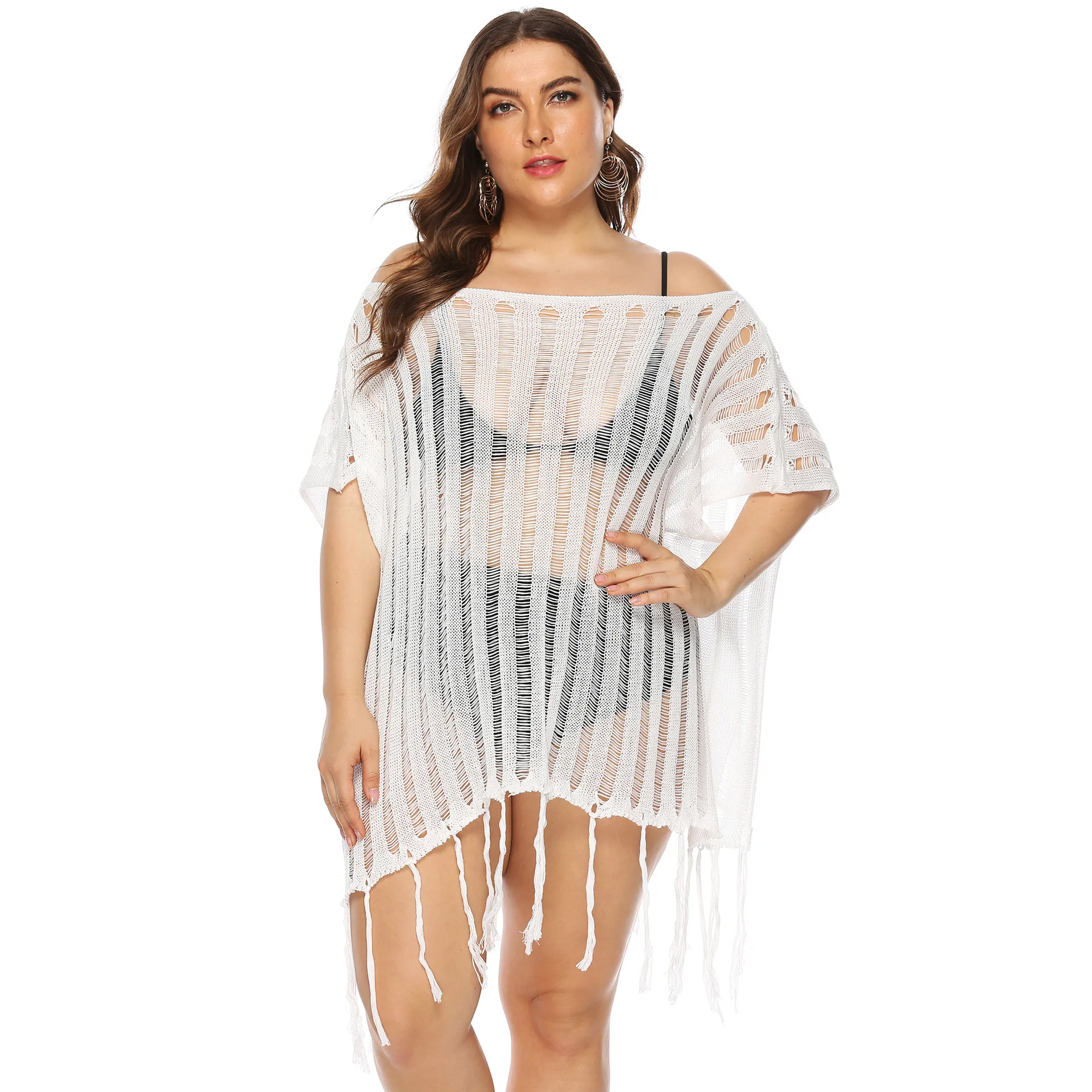 

Summer 2021 oversize women's hollow-out see-through knitwear irregular stitching tassel one-word collar loose beach blouse