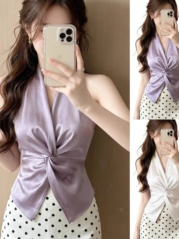 Elegant Purple V-Neck Knot Top Women's Summer Slimming Crop Top French Style Folded Hemline Hang Neck Design Short Length