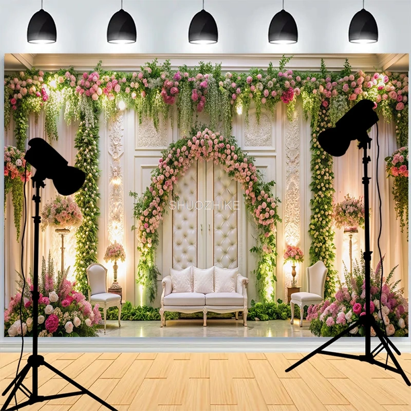 대형 꽃 아치 꽃 장식 녹지 사진 배경, 새해 가족 파티 사진 배경 XH-70
