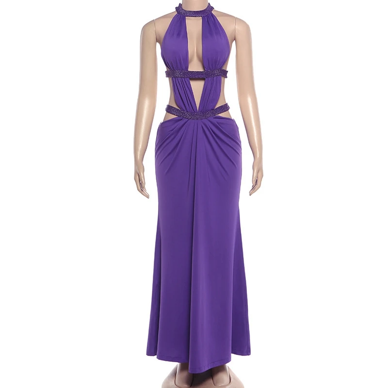 STYLISH LADY Cut Out Party Dress 2025 Summer Women Halter Backless Bodycon Elegant OL Solid Holiday Maxi Dresses