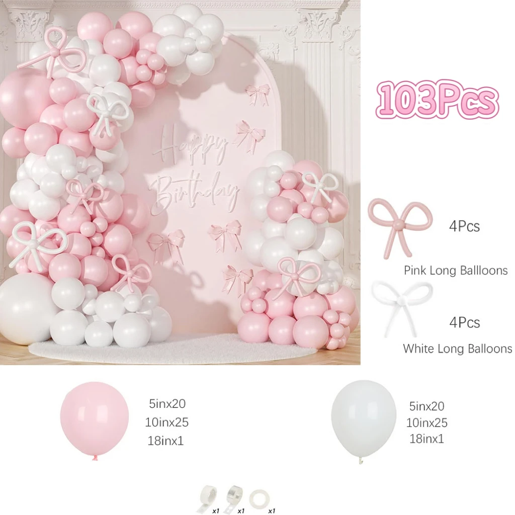 103Pcs Pink White Balloon Arch Kit Bow Balloons for Coquette Birthday Baby Shower Wedding Engagement Gender Reveal Party Decor