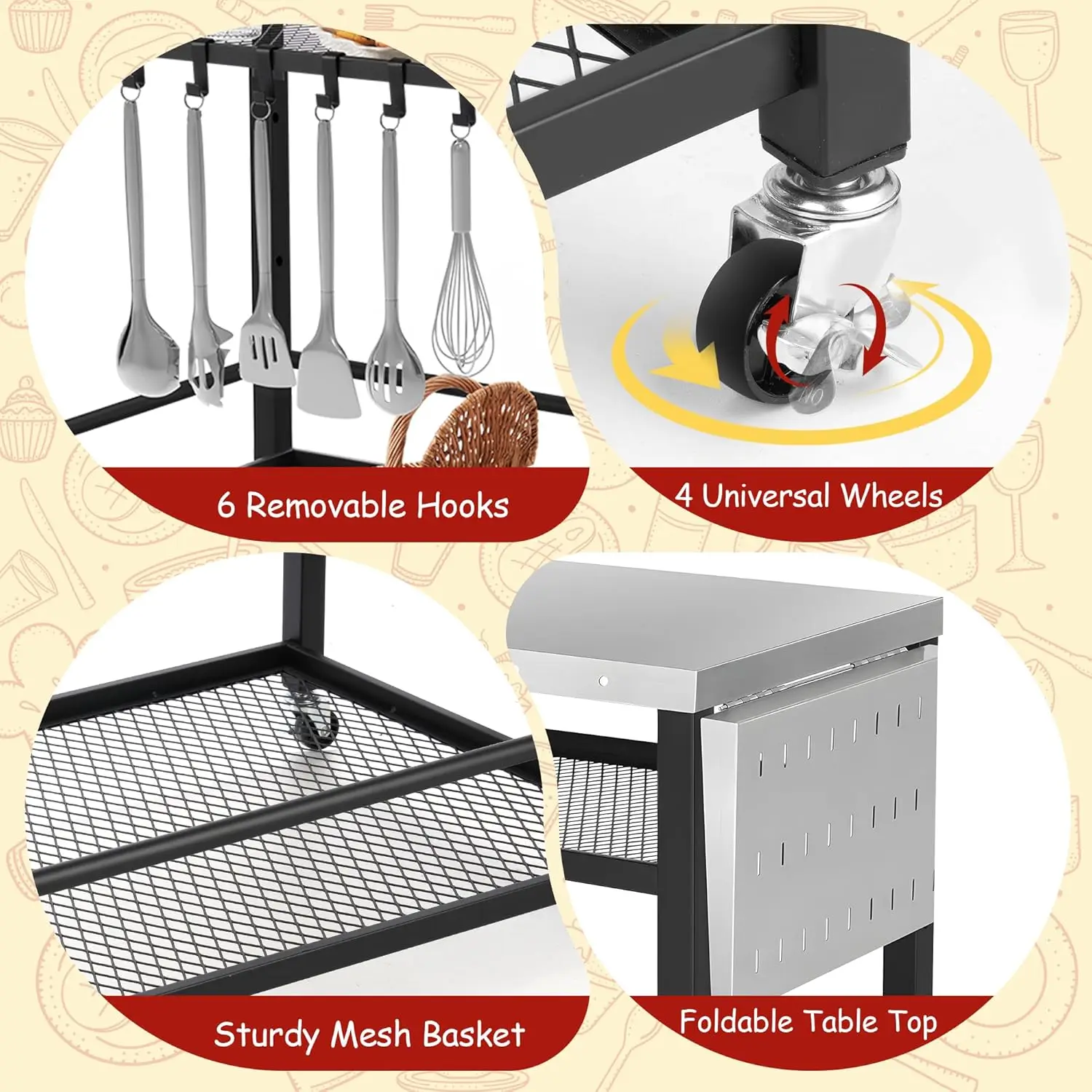 Rengue Outdoor Grill Cart Table With 4 Wheels, Movable Pizza Oven Stand Table With Foldable Side Table, 3-Shelf Outdoor Cooking