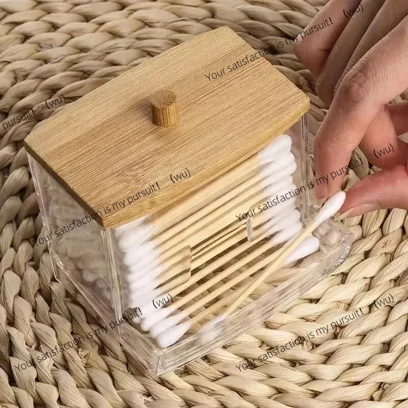 Double head cotton swab container, transparent square bamboo cover cotton swab toothpick finishing box
