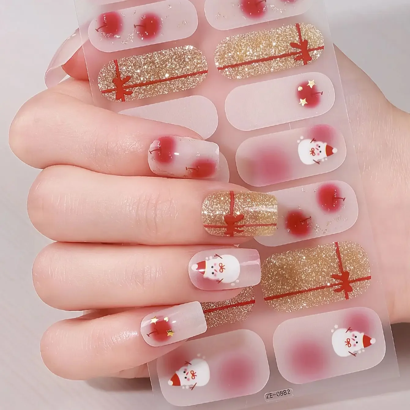 16tips Christmas Winter Snowflake Snowman Baking-Free Adhesive Nail Strips Patch Slider Full Cover Nail Decoration