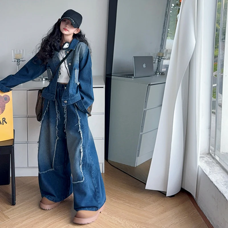 

Kid Top+Bottom Clothing Suit Child Autumn Seam Edge Denim Sets Toddle Girl Casual Vintage Fashion Child Clothes Sets Size 4-14Y