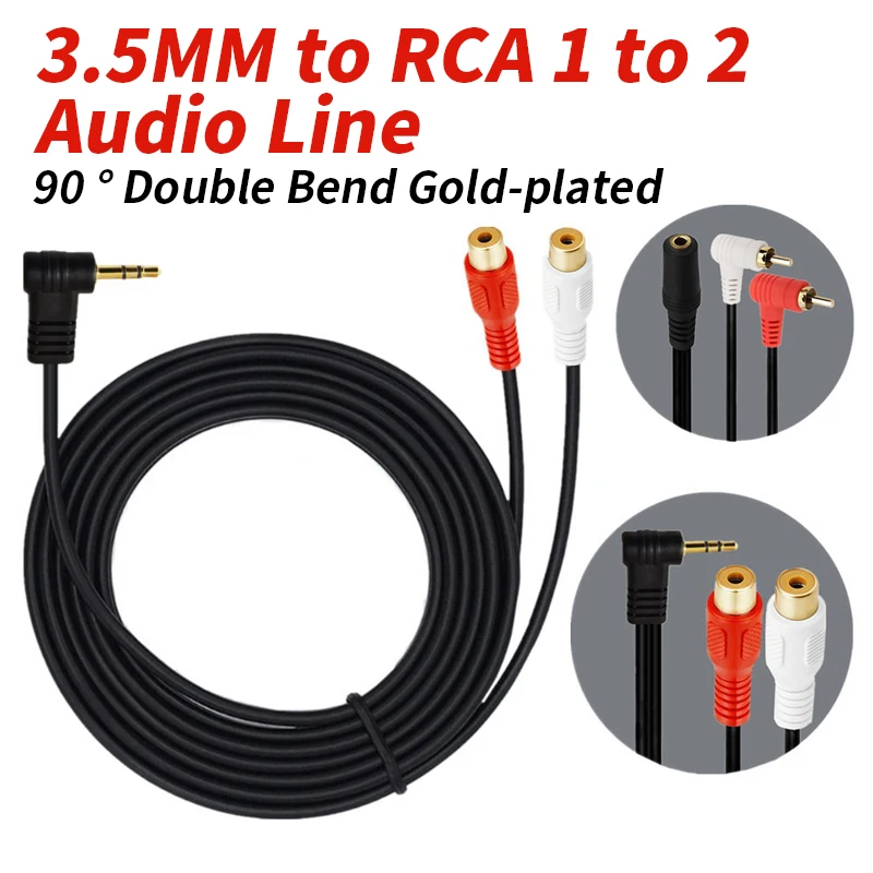 3.5MM to RCA Dual Bend/Straight Head  Audio Cable 1 to 2 Male Female 90 ° Gold Plated Anti Interference Audio Transmission Cable