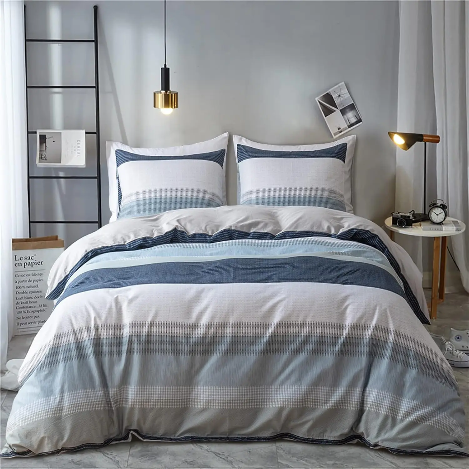 

Cotton Duvet Cover Set Queen Size White Gray Blue Striped Bedding with Zipper Closure, 3 Pieces