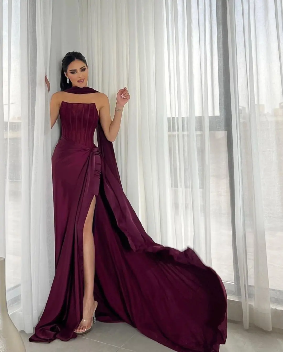 

Customized Mermaid Sleeveless Prom Dresses Strapless Pleated Side Split Floor Length Party Dresses Evening Dresses