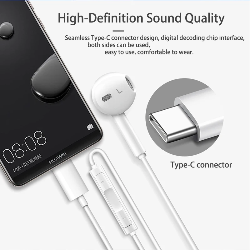 Type C Earphone CM33 Earbuds stereo In Ear Volume Control WIth Mic for Huawei Mate 10 20 30 40 Pro P50 P40 P30 P20 Pro Nova 8 SE