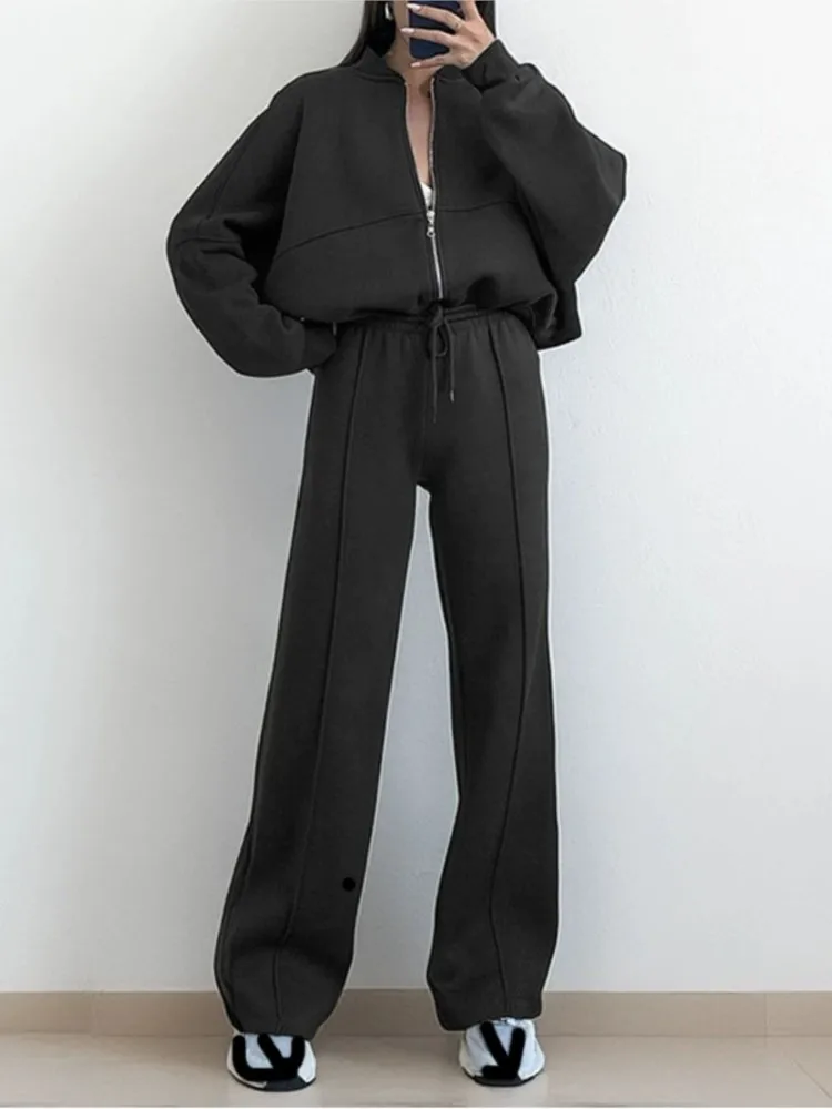 Conjunto deportivo de dos piezas con capucha informal para mujer, Tops de manga larga con cremallera y pantalones de pierna ancha de cintura alta, trajes para mujer para primavera y otoño