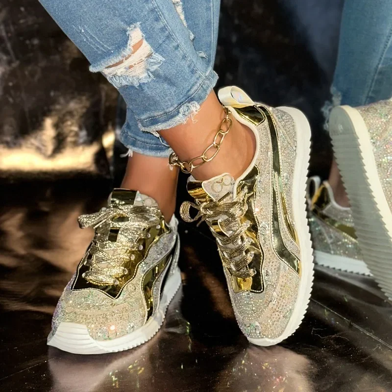 

New Summer Rhinestone Luxury Running Shoes Women's Low-Top Chunky Sole Lace-up Shoes Breathable Casual Athletic Jogging Shoes