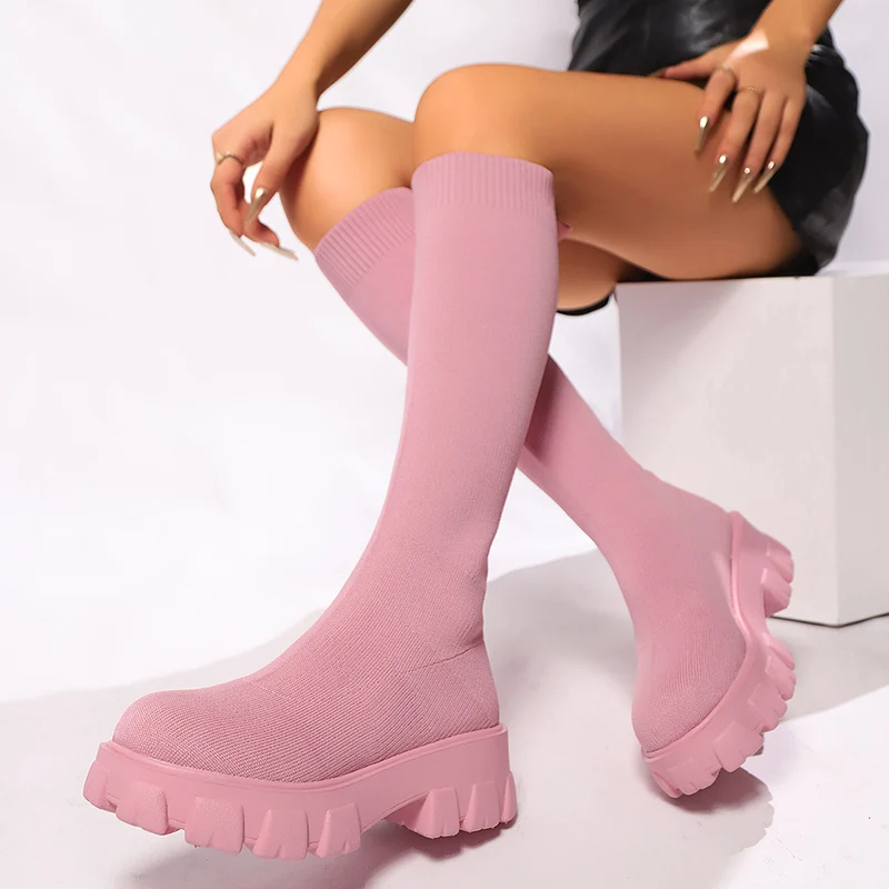 Pink Chunky Platform Knitted Long Boots Women 2024 Trend Thick Bottom Elastic Knee High Boots Woman Slip On Sock Botas Mujer